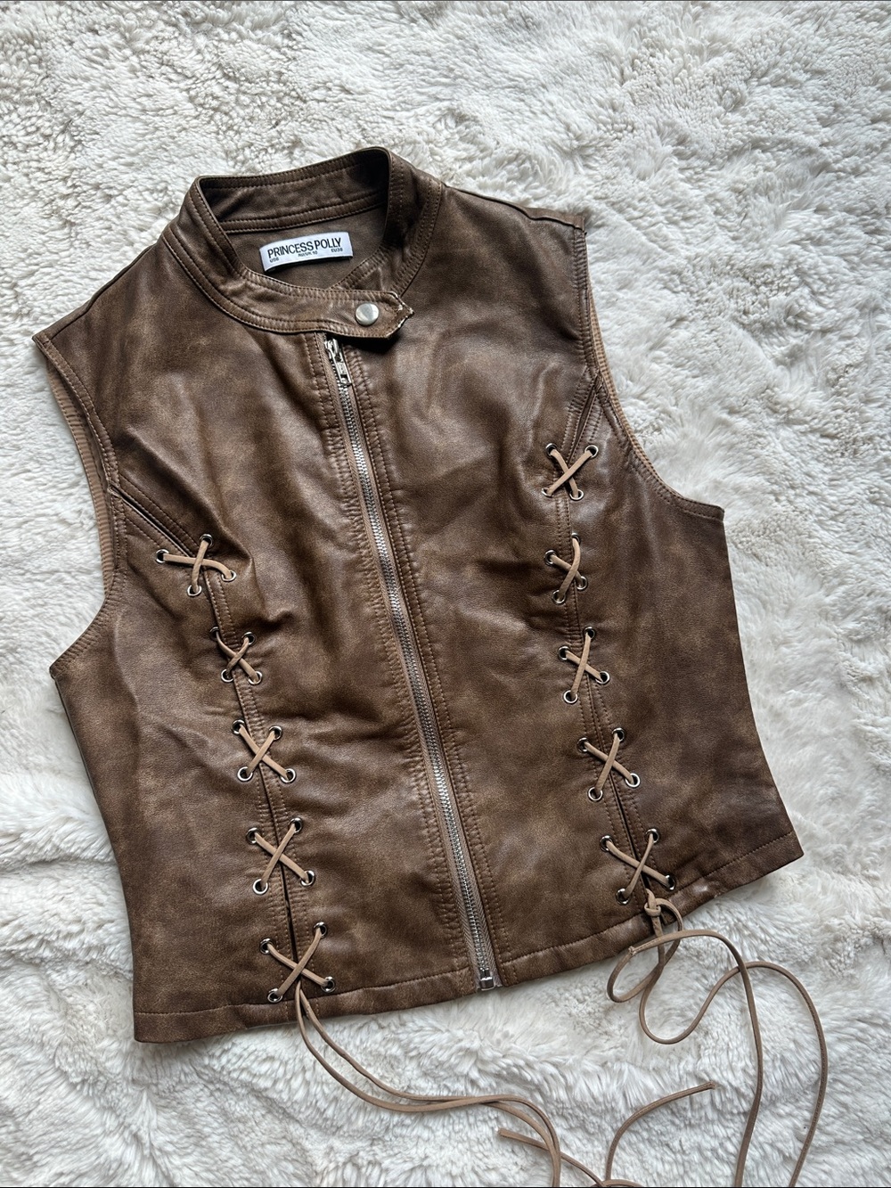 Princess Polly Ceejay Faux Leather Vest Brown Lace Up Moto Crop Top size 6